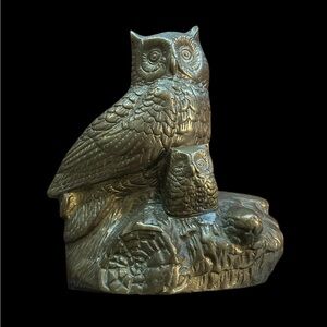 Brass Owl And Baby On Stump Sculpture
